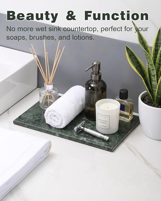 100% Natural Green Marble Tray, Luxury Stone Vanity Organizer for Perfume & Jewelry, Dark Green Decorative Marble Slab for Bathroom or Coffee Table, 12×8 Inch, Non-Resin