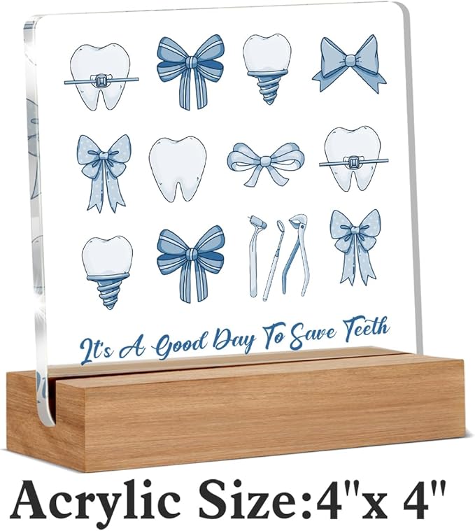 Dental Hygienist Gifts, Dentist Gift for Women, Dental Assistant Accessories Acrylic Plaque Gifts, Blue Bow Coquette Dentist Office Desk Decor