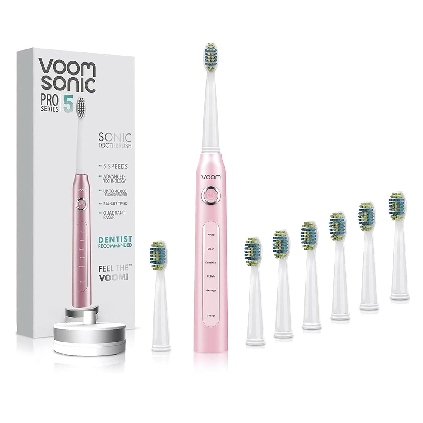 Voom Sonic Pro 5 Series Rechargeable Electronic Toothbrush + Pro 3/Pro 6-Replacement Heads - 2 Minute Timer with Quadrant Pacing, 5 Adjustable Speeds, Soft Dupont Nylon Bristles, Pink