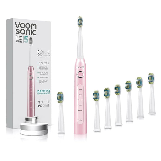 Voom Sonic Pro 5 Series Rechargeable Electronic Toothbrush + Pro 3/Pro 6-Replacement Heads - 2 Minute Timer with Quadrant Pacing, 5 Adjustable Speeds, Soft Dupont Nylon Bristles, Pink