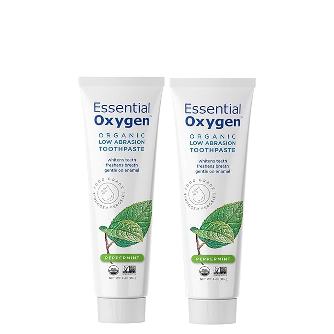 Essential Oxygen BR Certified Organic Toothpaste, for Whiter Teeth, Fresher Breath, Happier Gums, Tooth Sensitivity, Peppermint, 4 Ounce (Pack of 2)