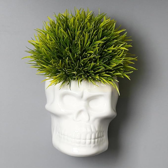 Skull-Shaped Toothbrush Holder, Skull Ceramic Small Storage Tube, Skull Pen Holder, Skull Succulent Flower Pot, Creative Decoration, Wall-Mounted Small Storage Tube (White Skull)