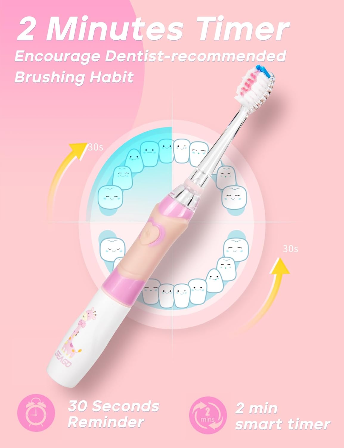 SEAGO Kids Electric Toothbrush with 2 Mins Brushing Timer and 8 Replacement Bursh Heads,Rainbow LED Light Make Brushing Fun, Pink Color Girls Battery Powerd Toothbrush for 4-12 Years Old