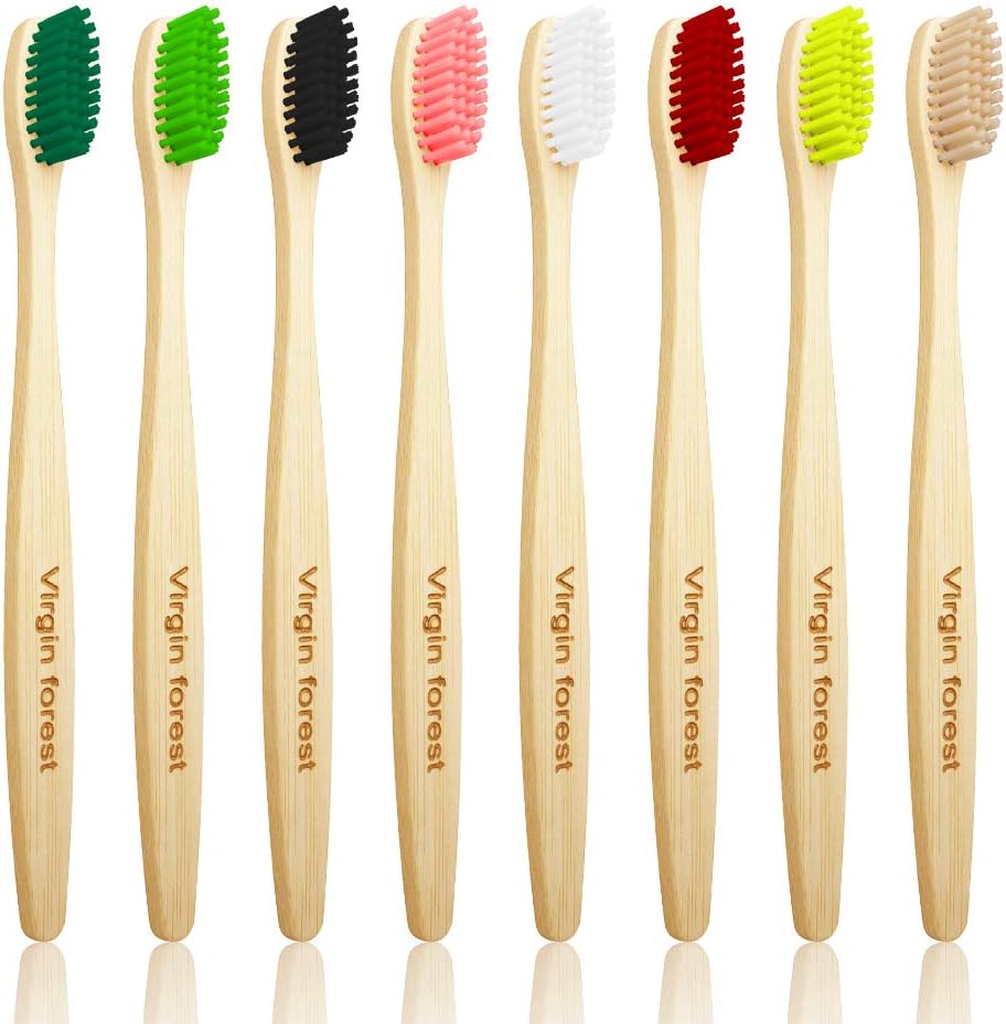Virgin Forest Bamboo Toothbrush, Biodegradable Toothbrush, Eco Friendly Natural Wooden Toothbrushes, Vegan Organic Bamboo Charcoal Tooth Brush for Sensitive Gums Medium Bristle Set of 8 Color