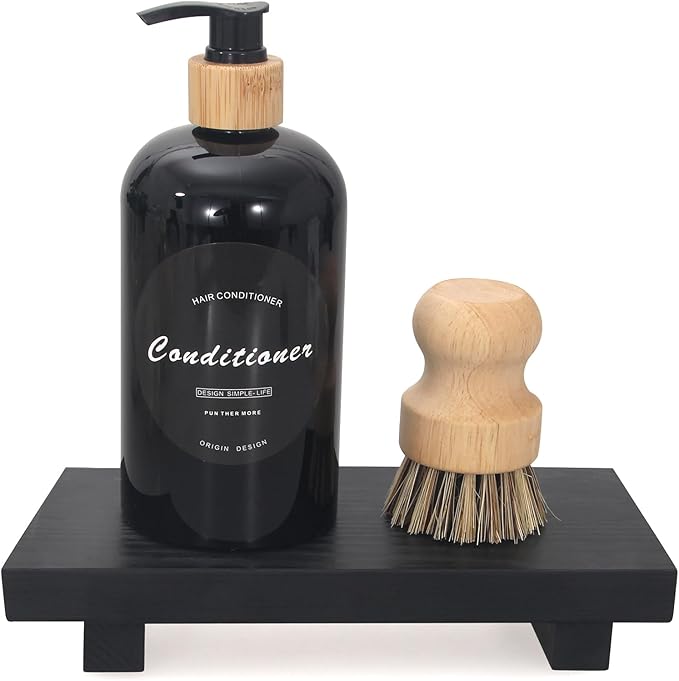 Wooden Pedestal Stand Black Bathroom Counter Organizer Tray Decor Farmhouse Wood Risers Small Hand Soap Dish Dispenser Holder for Kitchen Sink Modern Bathroom Vanity Accessories Decorative Tray