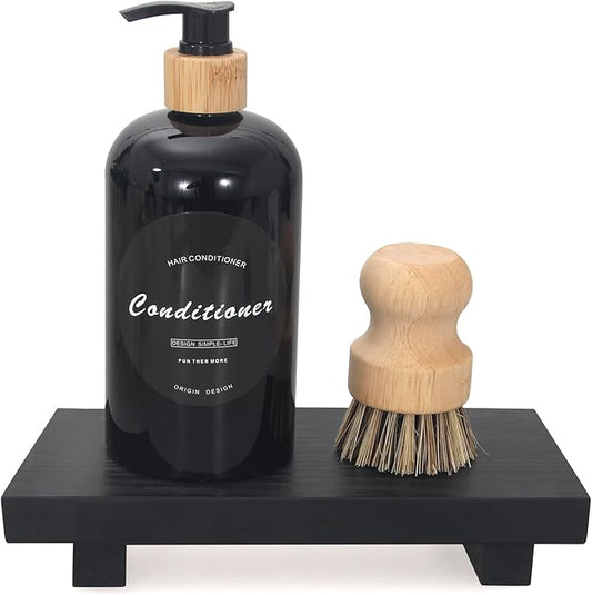 Wooden Pedestal Stand Black Bathroom Counter Organizer Tray Decor Farmhouse Wood Risers Small Hand Soap Dish Dispenser Holder for Kitchen Sink Modern Bathroom Vanity Accessories Decorative Tray