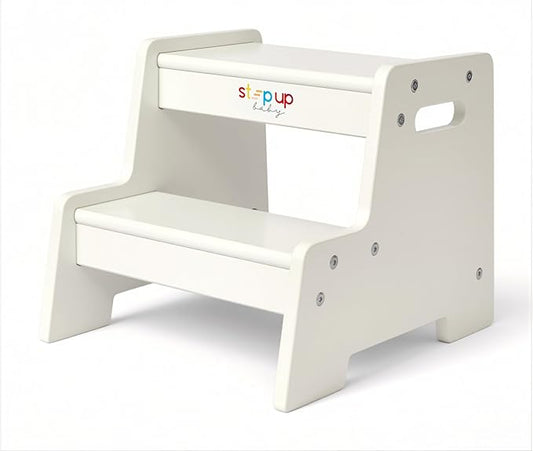 Stepup Baby Wooden Step Stool for Kids White – 2-Step Toddler Stool with Handles, Birch Plywood, Anti-Tip Base & Rounded Corners – Bathroom Sink & Countertop Step Stool