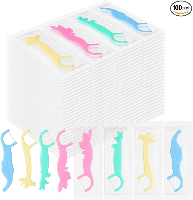 Kids Floss Individually Wrapped Kids Dental Floss Picks 4 Cute Animal Shapes Fun Flossers Helps Prevent Tooth Decay & Gum Diseas for Family, Travel, and picnics 4 Colors (100)