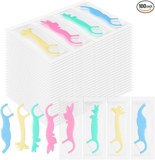 Kids Floss Individually Wrapped Kids Dental Floss Picks 4 Cute Animal Shapes Fun Flossers Helps Prevent Tooth Decay & Gum Diseas for Family, Travel, and picnics 4 Colors (200)
