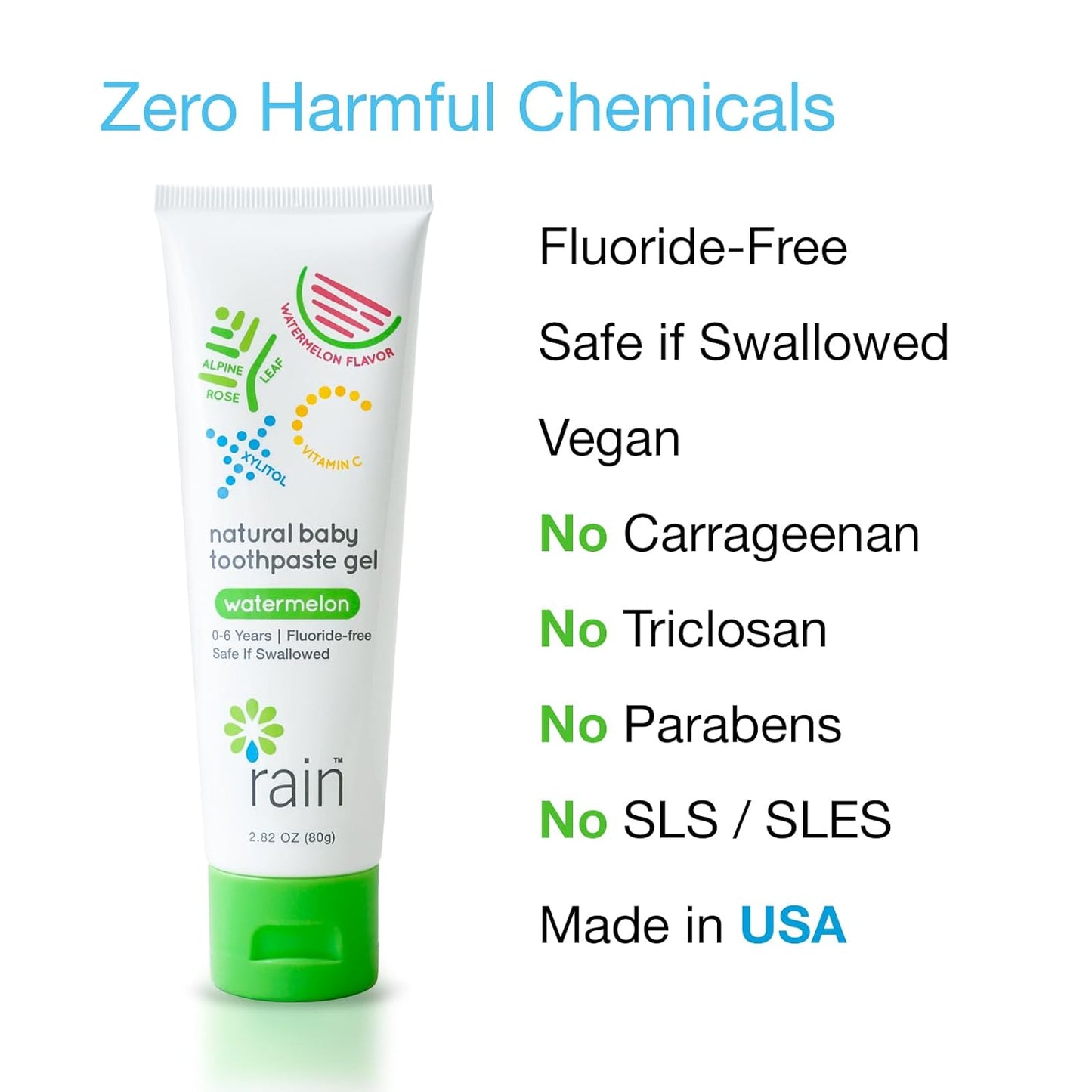 Baby Toothpaste 6 to 12 Months - Rain Fluoride Free Tooth Paste Gel for Infant Toddler Kids 0-6 Years and Up, Safe to Swallow, 2.8 Oz, Babies Training, Xylitol, Vitamin C, Vegan, SLS Free, Gluten Free