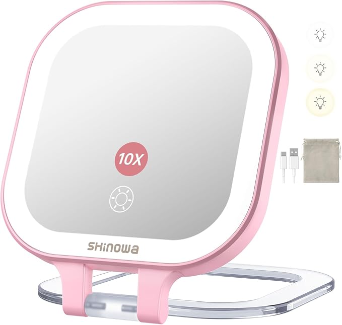 Shinowa Rechargeable Travel Makeup Mirror with 44 LED Lights, 1X/10X Magnifying Vanity Mirror with 3 Color Light, Folding Stand, 4 Inch Portable Dimmable Double Sided Compact Lighted Mirror, Pink