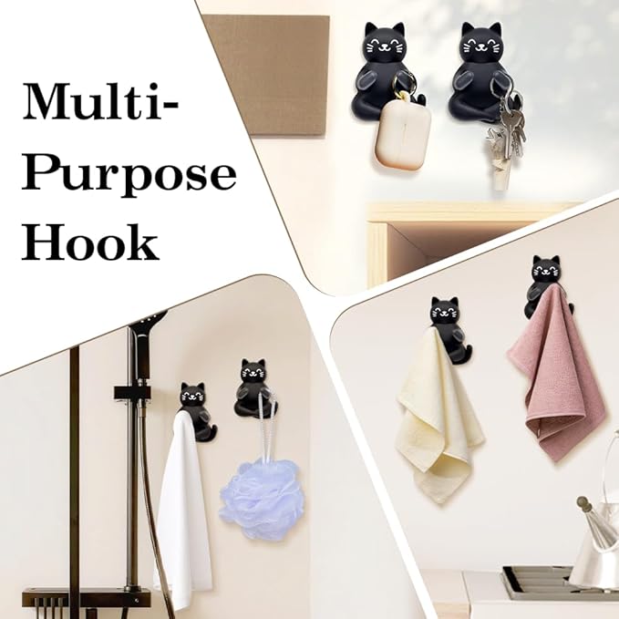 Cute Cat Waterproof Self-Adhesive Shower Hook Set, Funny Black Cat Razor Holder Bathroom Accessories for Men Women Cat Lover, Cat Lover Gifts for Women Men, Black Cat Bathroom Decor