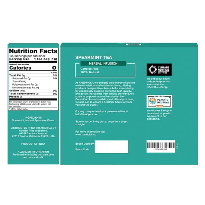 HANDPICK, Spearmint Tea Bags for PCOS relief (100 Herbal Tea Bags) |Refreshing Mint Tea | Non-GMO | Round Eco-Conscious Teabags