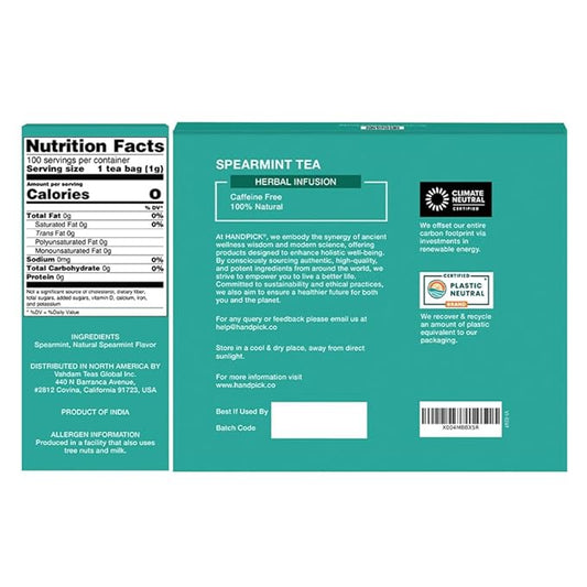 HANDPICK, Spearmint Tea Bags for PCOS relief (100 Herbal Tea Bags) |Refreshing Mint Tea | Non-GMO | Round Eco-Conscious Teabags