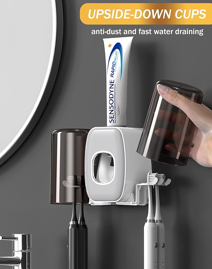 WAYCOM Toothpaste Dispenser Bathroom Accessories, 2 Cups Toothbrush Holder Wall Mounted Bathroom Decor Smart Home Products Tooth Brushing Holder with Automatic Toothpaste Dispenser Bathroom Organizer