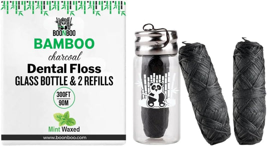 BOONBOO Dental Floss, Bamboo Charcoal Woven Threads, Refillable Glass Bottle, 3 Pieces, Mint