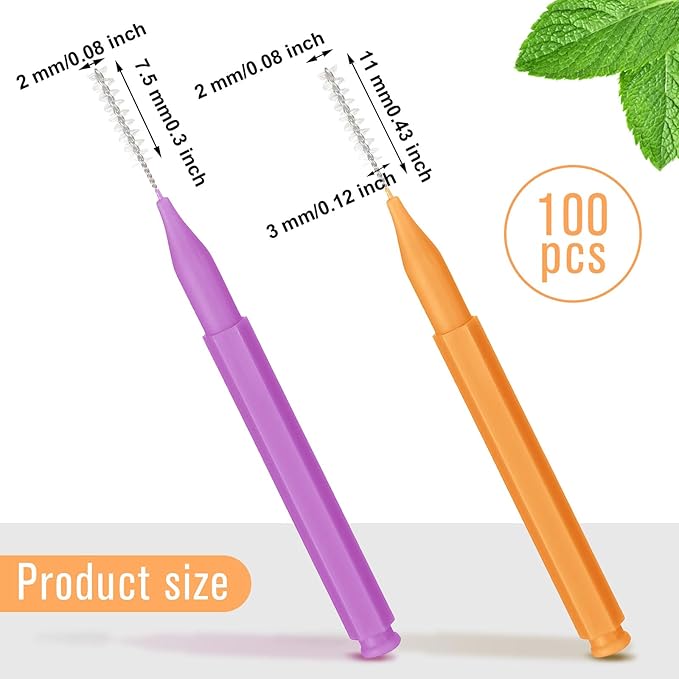 Patelai 100 Pieces Braces Brush for Cleaner Interdental Brush Toothpick Dental Tooth Flossing Head Oral Dental Hygiene Flosser Toothpick Cleaners Tooth Cleaning Tool(Purple, Orange,Cute Size)