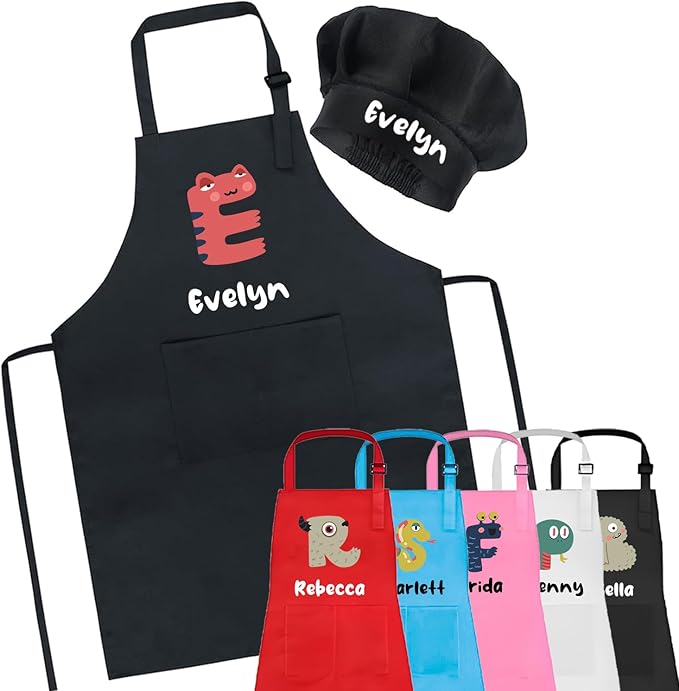 Personalized Kids Apron for Cooking, Kids Chef Hat and Apron, Toddler Aprons for Baking Crafting, Christmas Gifts for Children, Birthday Gifts for Boys and Girls