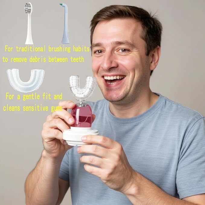 360° U-Shaped Toothbrush, Electric Toothbrushes for Adults, Multiple Brush Heads Options, Blue Light Whitening, IPX7 Waterproof, 360° Cleaning Suitable for People with Limited Mobility