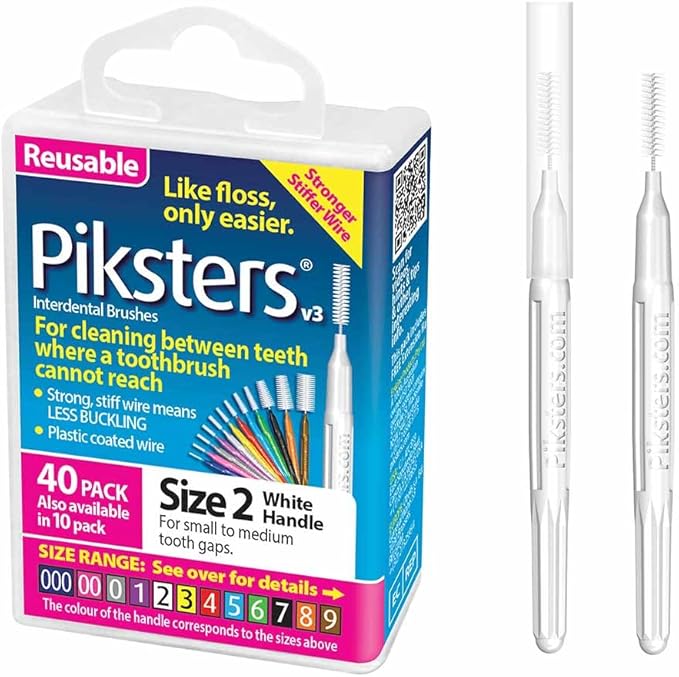 Piksters Interdental Brushes, 40 pk, Size 2, Interdental Tooth Brush for Small & Medium Gaps, Gum Soft Bristles for Plaque Removal, Safe for Braces