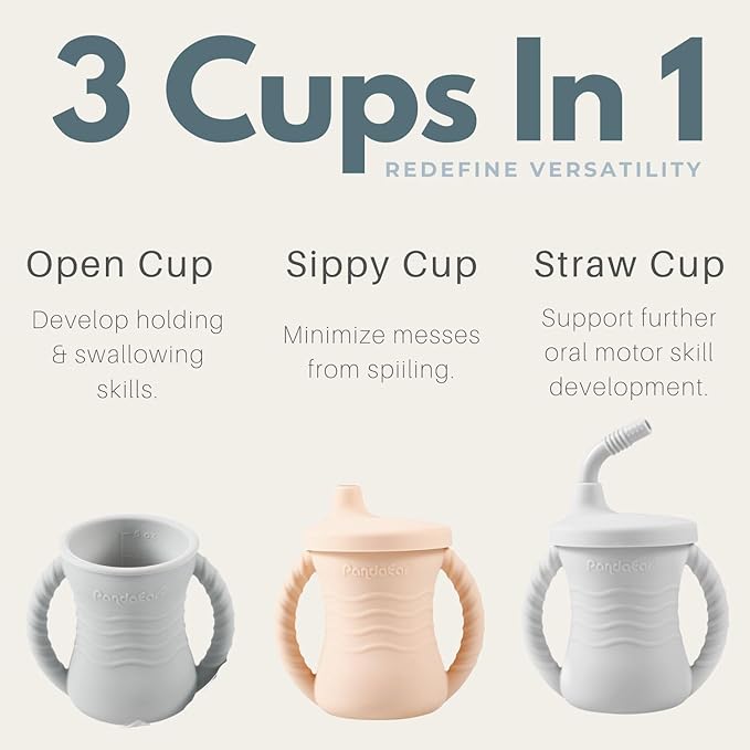 PandaEar Silicone Training Cup, 2 Pack Baby Drinking Sippy Cups with Handles & Straw for Baby and Toddler 6 Months+ (Pink&Grey)