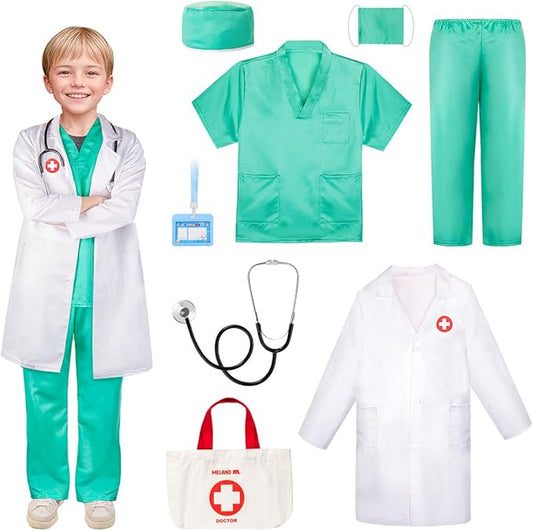 Meland Doctor Costume for Girls - Kids Scrubs with Lab Coat & Carry Bag, Doctor Dress Up for Halloween, Career Day Role Play