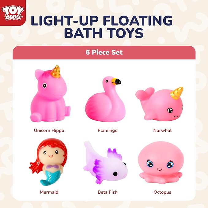 TOY Life 6 PC Mermaid Light Up Bath Toy for Kids, No Hole Glow Bath Toys for Kids Ages 4-8, Baby Toddler Bath-Time Gifts for Easter, Halloween, Christmas, Ideal for Shower, Bathtub, Swimming Pool