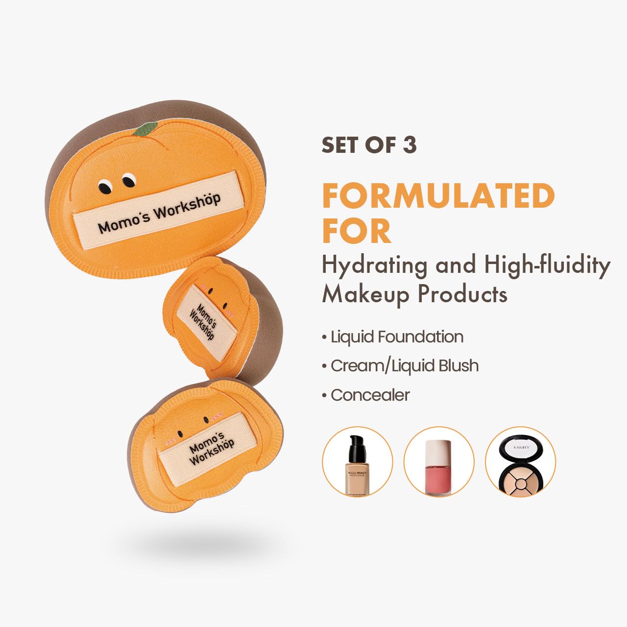 Momo's Workshop Pumpkin Makeup Sponge Set (3pcs) - Large & Small Cushion Puffs for Halloween Themed,Rubycell Material for Flawless Foundation Application, Travel-Friendly & Storage Case
