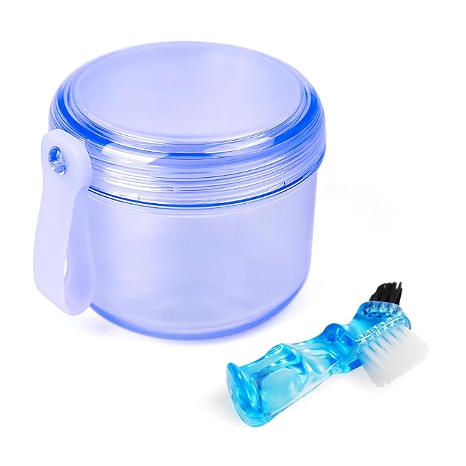 Leak Proof Travel Denture Bath Case for Full Dentures, Denture Cups for Soaking Dentures, Denture Container Cups with Brush for Dentures, Aligner, Retainers, Mouth Guard (Blue)