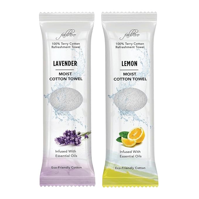 Oshibori Moist Terry Cotton Refreshment Towels (50 Pack, 8 x 8 Inches) - White Mildly Scented Pre-moistened Towel to Use Hot or Cold - Lemon & Lavender Scent Bundle of 25 each