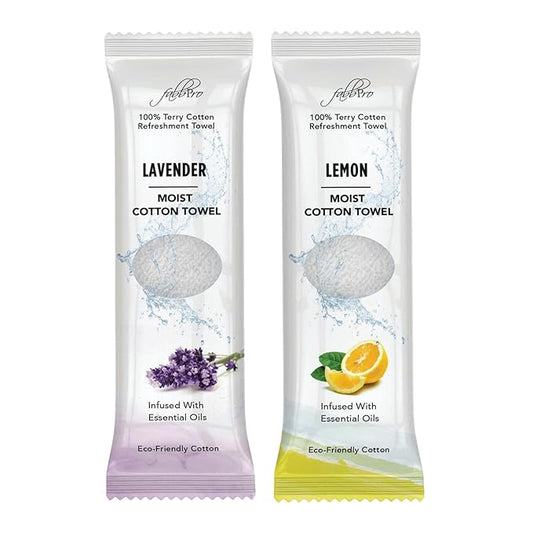 Oshibori Moist Terry Cotton Refreshment Towels (50 Pack, 8 x 8 Inches) - White Mildly Scented Pre-moistened Towel to Use Hot or Cold - Lemon & Lavender Scent Bundle of 25 each