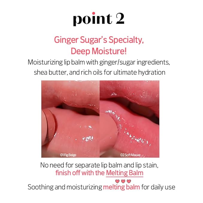 Etude Ginger Sugar Melting Balm Stick 02 Soft Mauve | Tinted Moisturizing Lip balm | Natural Ingredients Hydrate Ginger, Sugar, Shea Butter Moisturizing Relaxing Effect | K-Beauty