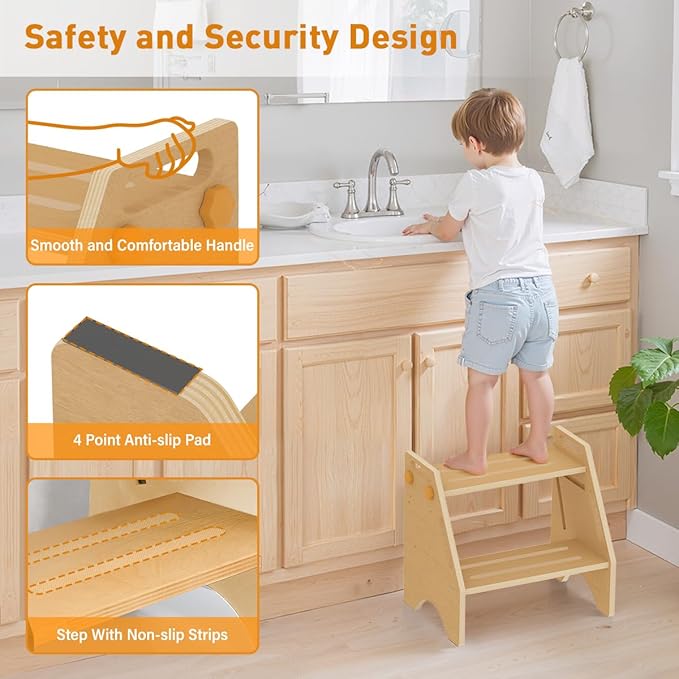 Toddler Step Stool, Wooden Height-Adjustable 2 Step Stool for Kids, 2 in 1 Potty Training Stool with Safety Handles Non-Slip Pads for Bathroom Sink, Kitchen, Bedroom (Natural)