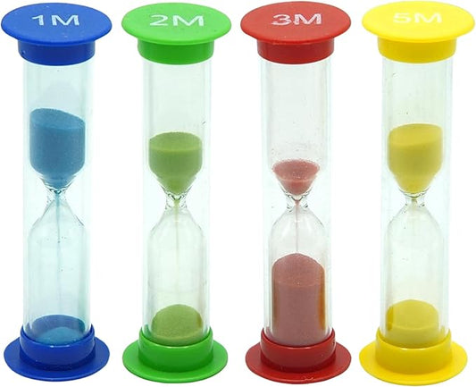 Sand Timer for Kids Set of 4 Small Colorful (Multi) Hour Glass Acrylic Covered Clock 1Min 2Min 3Min 5Min for Classroom, Home & Kids Room