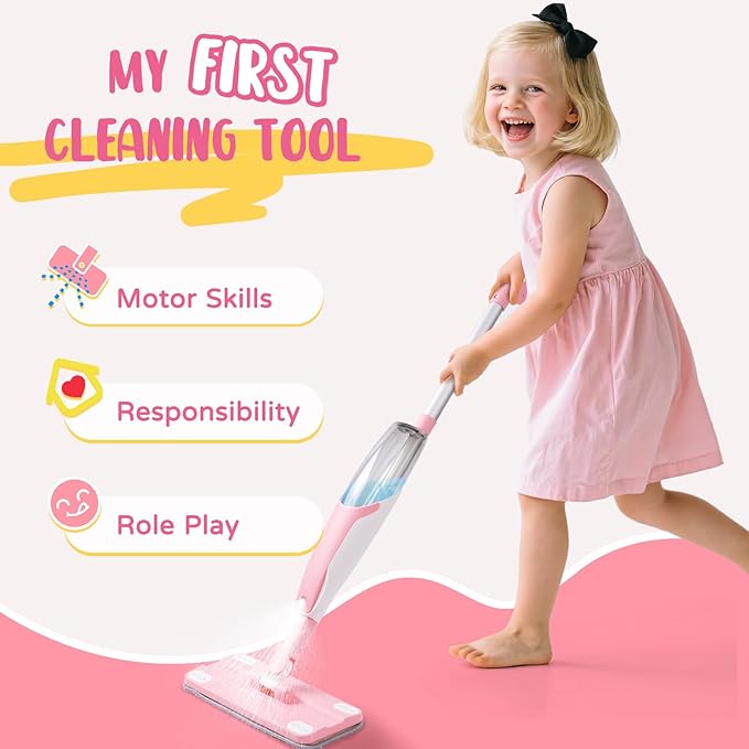 Pink Mini Spray Mop for Toddler-Girls Montessori Cleaning Toy That Real Spray Water,Pretend Playhouse Essentials for Girls Ages 3-8,Toddler Educational Housekeeping Set