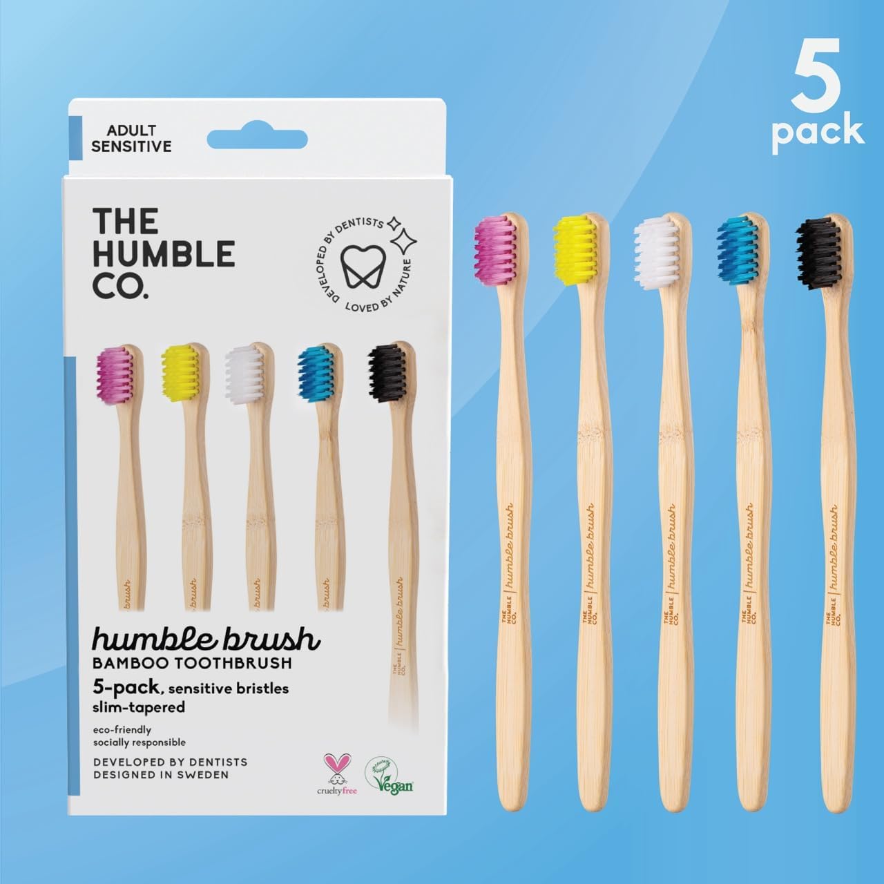 The Humble Co. Bamboo Toothbrushes (5pk) – Toothbrushes for Superior Oral Care, Dental Hygiene, and Gum Care, BPA Free (Ultra Soft Bristles)