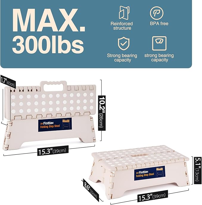 Flottian 5" Folding Step Stool for Adults and Kids 15-Inch Extra Wide Stool Holds Up to 300 lbs,Non-Slip Folding Stools with Handle,Compact Plastic Foldable Step Stool for Bathroom,Kitchen,ect Khaki