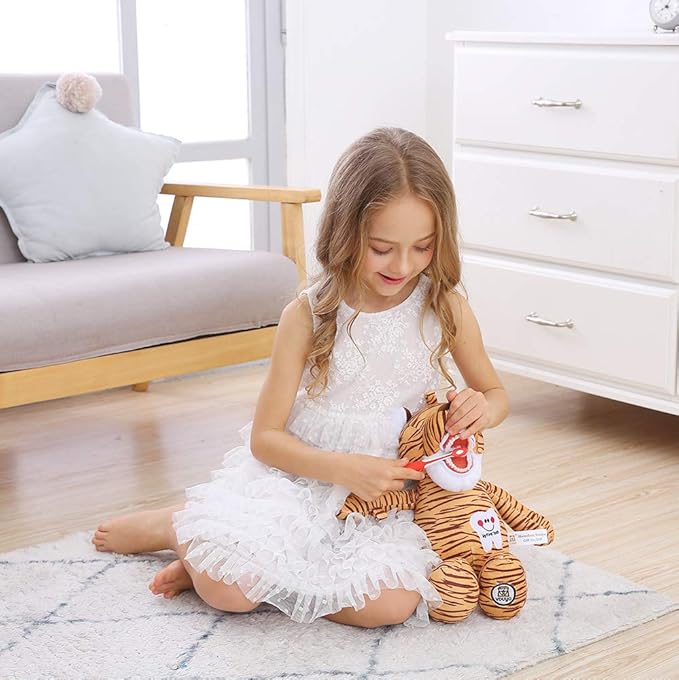 Tooth Fairy Puppet, Puppet Oral Health Presentation Puppet Striped Tiger Tooth Fairy Dental Educational Plush Small Size Doll with Teeth for Kids Chidren Boys Girls
