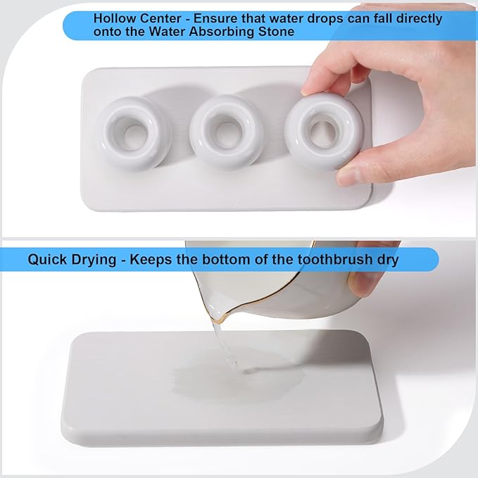 3 Pack Mini Ceramic Toothbrush Holder Stand with 1 Pack Water Absorbing Stone for Bathroom Vanity Countertop, Toothbrush Organizer, White