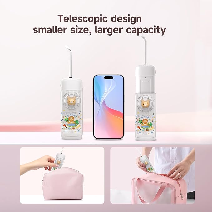 Kids Water Flosser,3 Modes Cordless Portable Water Teeth Cleaner,4 Replaceable Nozzles,IPX7 Waterproof Oral Irrigator Rechargeable,Professional Flossing Cleaning Picks for Home Travel (White)