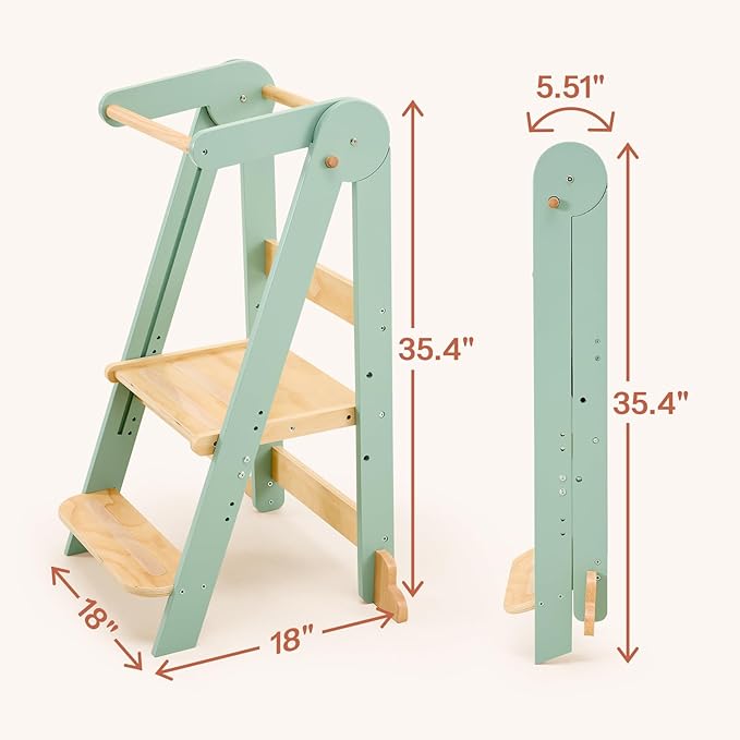 HARPPA Nordi Foldable Toddler Kitchen Tower, Montessori Kitchen Stools Helper, Standing Tower with 3 Adjustable Heights, Suitable Age for 2-6 Years, Sage