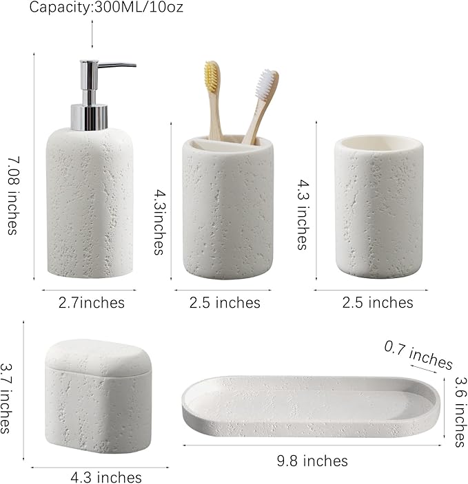 Bathroom Accessories Set, 5PCS Modern Bathroom Accessory Set with Soap Dispenser, Mouthwash Cup & Toothbrush Holder, Qtip Holder, Tray