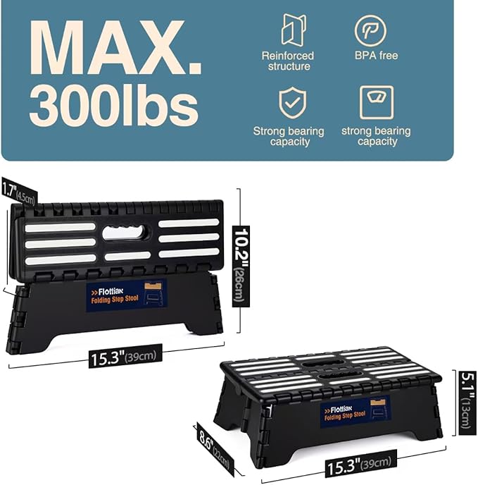 Flottian 5" Folding Step Stool for Adults and Kids 15-Inch Extra Wide Stool Holds Up to 300 lbs,Non-Slip Folding Stools with Handle,Compact Plastic Foldable Step Stool for Bathroom,Kitchen,ect Black