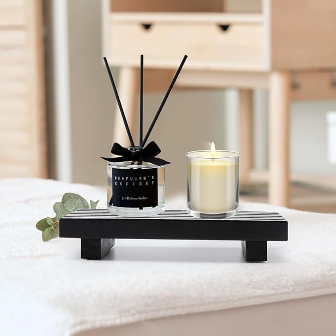 Small Black Bathroom Decor Tray for Counter Dish Soap Holder Wooden Pedestal Stand for Kitchen Sink Soap Dispenser Wood Risers Kitchen Accessories Countertop Vanity Counter Sponge Sink Tray