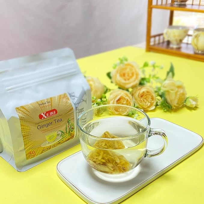 Ginger Tea Bags, 100% Pure Dry Ginger Root, 4.2gx40Count, Re-usable for Brew, Spicy Digestive Ease, Immune System Support Anytime, Eco-Conscious Tea Bags, Resealable Bag