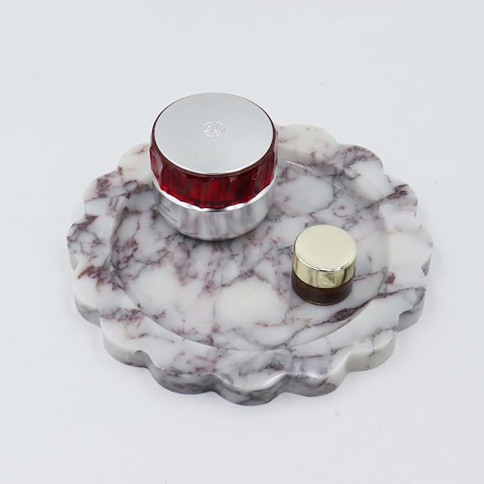 Round Marble Decorative Tray with Scalloped Edge, Luxury Natural Stone Bathroom Vanity Tray, Dresser Top Perfume Coffee Home Kitchen Sink Tray, Key Trinket Ring