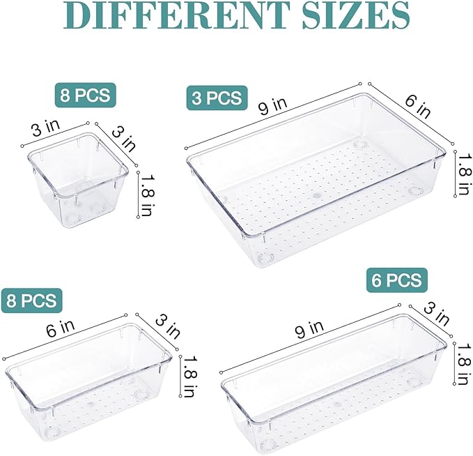 25 PCS Drawer Organizer Set, 4 Varied Size Bathroom and kitchen Drawer cabinet organizer Trays, Clear Storage Bins for Makeup, Jewelry, Utensils and Gadgets