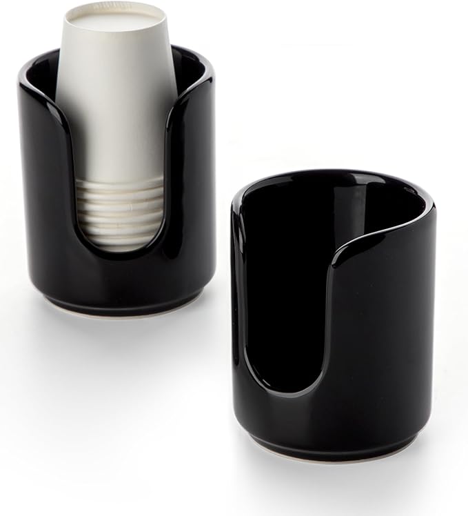 3 oz Original Ceramic Bathroom Cup Dispenser with 5 PLA Paper Cups, Bathroom Essential Accessories for Mouthwash Holder on Bathroom Vanity Countertops (2 Pack, Black)