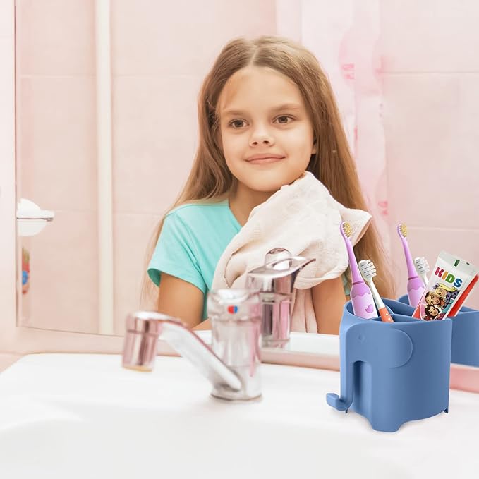 RyanLemon Elephant Toothbrush Holder for Toddler, Suction Cup Cute Toothbrush Holder for Kids, for Bathroom, with 3 Slots and 1 Hook, Sky Blue