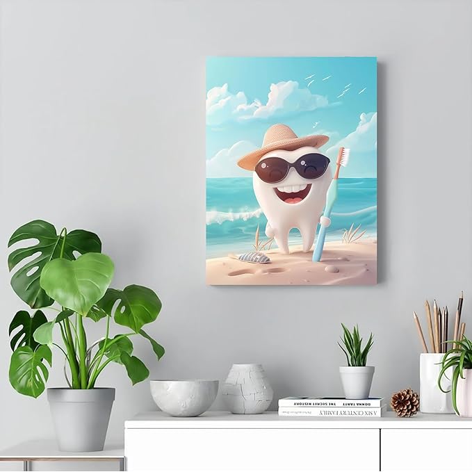SchindlerBang Dental Clinic Wall Decor,Adorable Tooth Character Summer Art,Bright Decor for Offices,Kids' Spaces,or Clinics,Gift Idea,16x24inch Ready to Hang